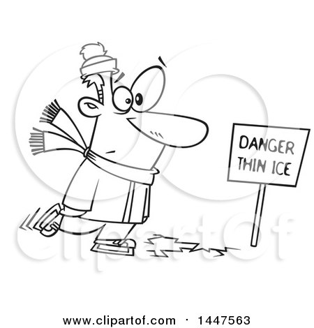 Clipart of a Cartoon Black and White Lineart Man Skating on Thin Ice - Royalty Free Vector Illustration by toonaday