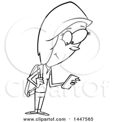 Clipart of a Cartoon Black and White Lineart Teenage School Girl Using a Smart Phone - Royalty Free Vector Illustration by toonaday