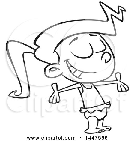 Clipart of a Cartoon Black and White Lineart Happy Girl in a Swimsuit, Soaking up the Sunshine - Royalty Free Vector Illustration by toonaday