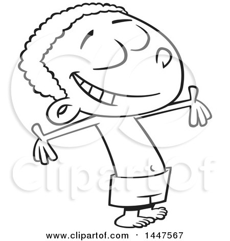 Clipart of a Cartoon Black and White Lineart Happy African American Boy in Swim Trunks, Soaking in the Summer Sunshine - Royalty Free Vector Illustration by toonaday
