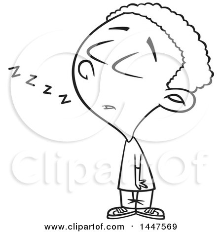 Clipart of a Cartoon Black and White Lineart African American Boy Dozing While Standing up - Royalty Free Vector Illustration by toonaday