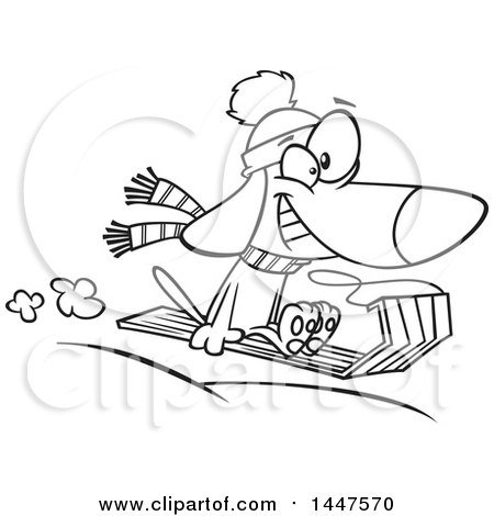 Clipart of a Cartoon Black and White Lineart Dog Grinning and Catching Air While Sledding - Royalty Free Vector Illustration by toonaday