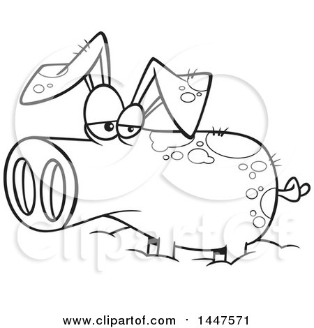 Clipart of a Cartoon Black and White Lineart Pig in a Mud Puddle - Royalty Free Vector Illustration by toonaday