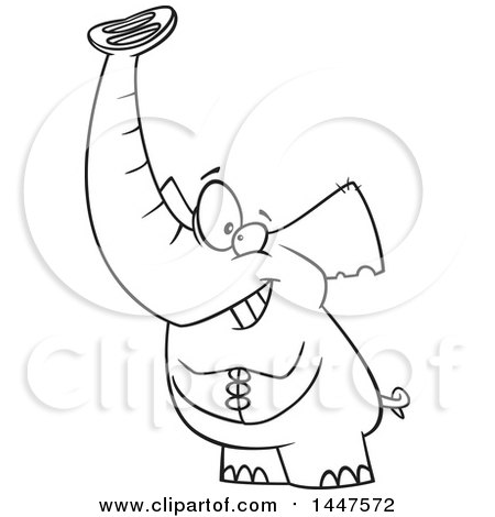 Clipart of a Cartoon Black and White Lineart Grinning Lucky Elephant - Royalty Free Vector Illustration by toonaday