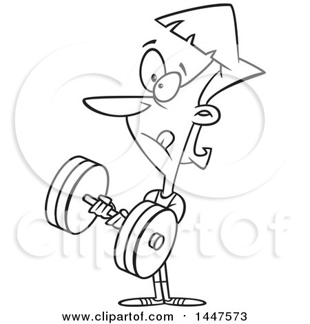Clipart of a Cartoon Black and White Lineart Woman Bodybuilding, Working out with a Heavy Dumbbell - Royalty Free Vector Illustration by toonaday