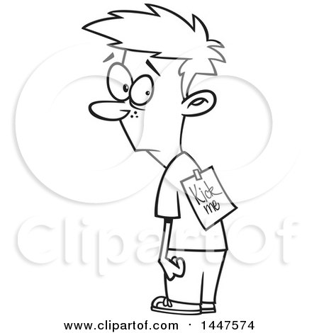 Clipart of a Cartoon Black and White Lineart Bullied Boy with a Kick Me Sign on His Back - Royalty Free Vector Illustration by toonaday
