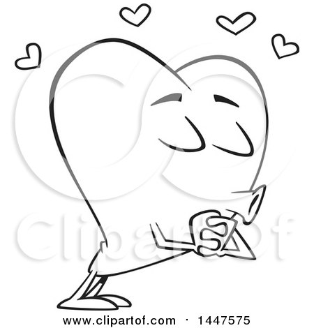 Clipart of a Cartoon Black and White Lineart Heart Mascot Character Puckered up for a Kiss - Royalty Free Vector Illustration by toonaday