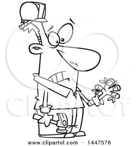 Clipart of a Cartoon Black and White Lineart Clumsy Male Carpenter Holding a Hammer and Looking at His Injured Fingers, All Thumbs - Royalty Free Vector Illustration by toonaday