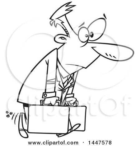 Clipart of a Cartoon Black and White Lineart Exhausted Man Carrying Briefcases on a Business Trip - Royalty Free Vector Illustration by toonaday