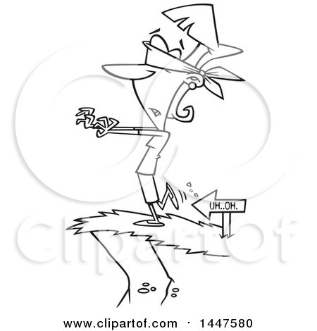 Clipart of a Cartoon Black and White Lineart Blindfolded Woman Heading to a Cliffs Edge - Royalty Free Vector Illustration by toonaday