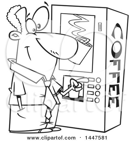 Clipart of a Cartoon Black and White Lineart African American Business Man Using a Coffee Machine at Break Time - Royalty Free Vector Illustration by toonaday