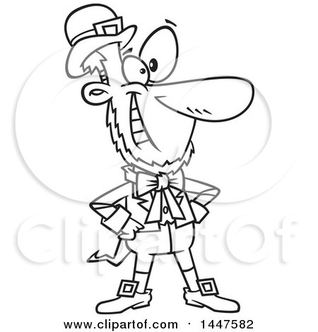 Clipart of a Cartoon Black and White Lineart Confident St Patricks Day Leprechaun Grinning and Standing with Hands on His Hips - Royalty Free Vector Illustration by toonaday