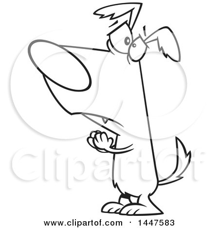 Clipart of a Cartoon Black and White Lineart Dog Begging and Pleading - Royalty Free Vector Illustration by toonaday