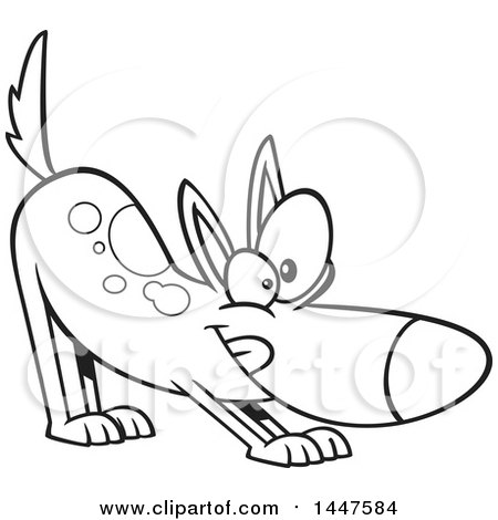 Clipart of a Cartoon Black and White Lineart Puppy Stretching in a Downward Dog Yoga Position - Royalty Free Vector Illustration by toonaday