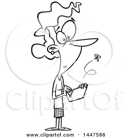 Clipart of a Cartoon Black and White Lineart Broke Woman Opening an Empty Wallet, with a Fly Escaping - Royalty Free Vector Illustration by toonaday