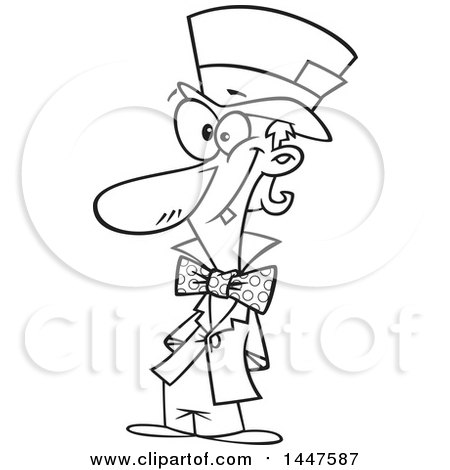 Clipart of a Cartoon Black and White Lineart Grinning Hatter - Royalty Free Vector Illustration by toonaday