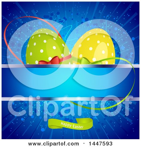 Clipart of a Blue Easter Background with Green and Yellow Polka Dot Eggs over a Banner and Text Space - Royalty Free Vector Illustration by elaineitalia
