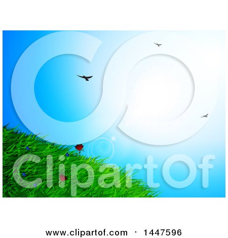 Clipart of a Spring Time Background with Sunshine over a Grassy Hill with Flowers and Birds in the Sky - Royalty Free Vector Illustration by elaineitalia