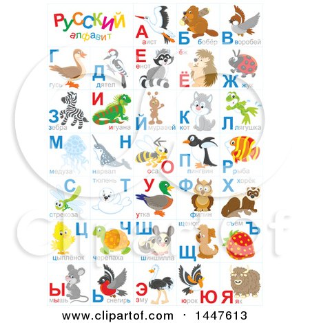 Clipart of a Chart of Cute Animals and Insects with Russian Alphabet Letters - Royalty Free Vector Illustration by Alex Bannykh