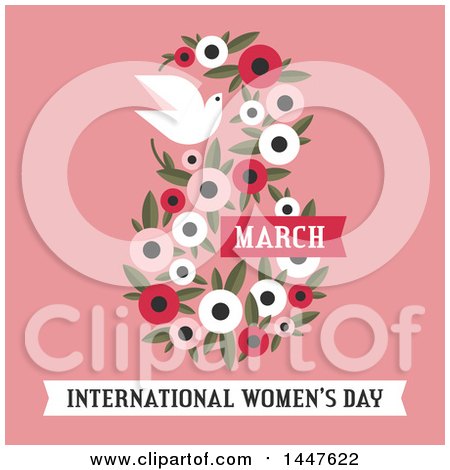 Clipart of a Retro Floral March 8th International Women's Day Design with a Dove on Pink - Royalty Free Vector Illustration by elena