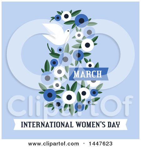 Clipart of a Retro Floral March 8th International Women's Day Design with a Dove on Blue - Royalty Free Vector Illustration by elena