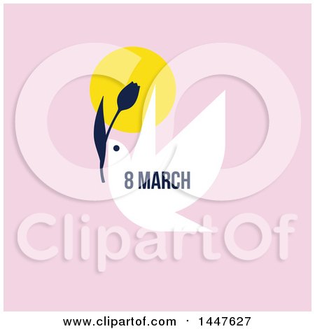 Clipart of a Retro March 8th International Women's Day Design with a Dove Flying with a Flower on Pink - Royalty Free Vector Illustration by elena