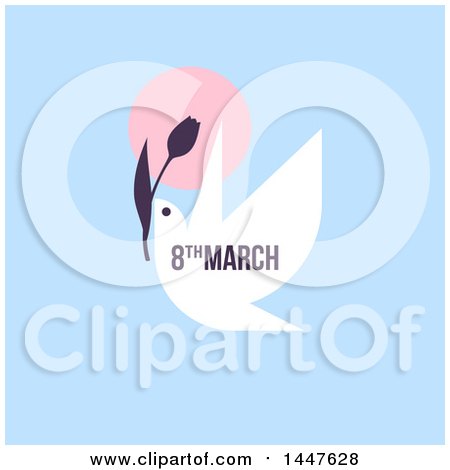 Clipart of a Retro March 8th International Women's Day Design with a Dove Flying with a Flower on Blue - Royalty Free Vector Illustration by elena