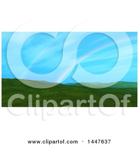 Clipart of a 3d Double Rainbow over a Grassy Hilly Landscape - Royalty Free Illustration by KJ Pargeter