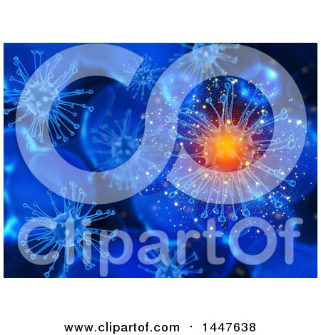Clipart of a Background of 3d Virus Cells in Blue, One Glowing - Royalty Free Illustration by KJ Pargeter