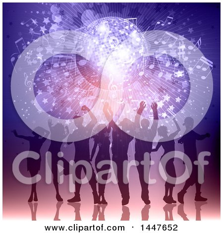 Clipart of a Group of Silhouetted Dancers Under a Purple Disco Ball with Music Notes - Royalty Free Vector Illustration by KJ Pargeter