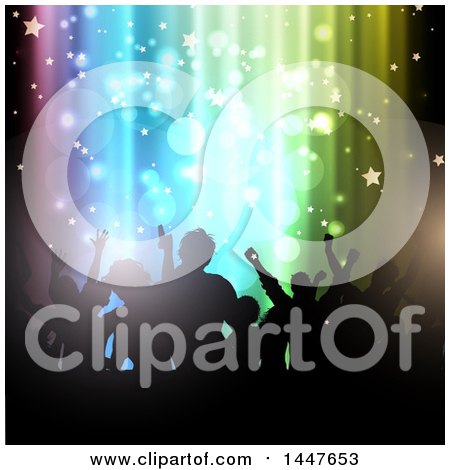 Clipart of a Group of Silhouetted Dancers Against Colorful Lights, Stars and Flares Lights - Royalty Free Vector Illustration by KJ Pargeter