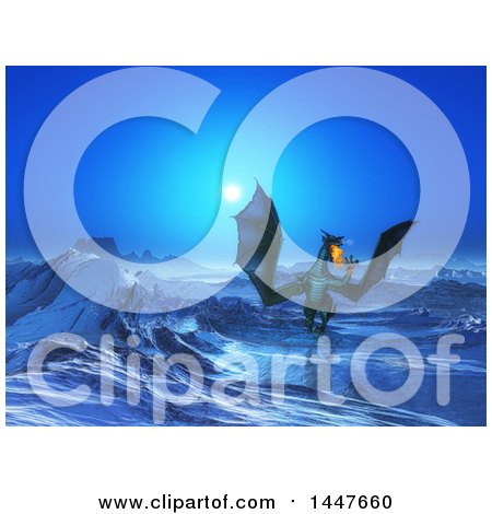 Clipart of a 3d Flying Fire Breathing Dragon over Wintry Mountainous Landscape - Royalty Free Illustration by KJ Pargeter
