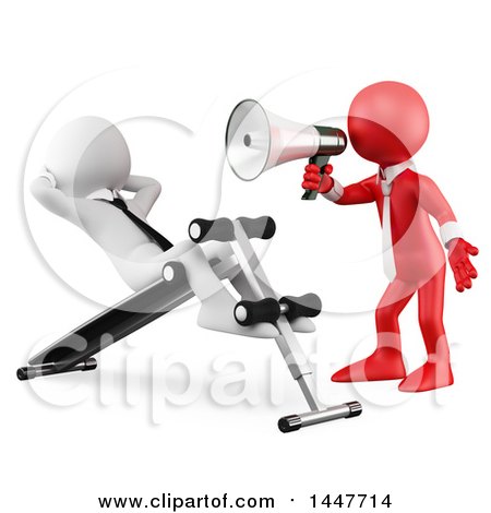 Clipart of a 3d Red Business Man Shouting with a Megaphone at a White Man Doing Situps on a Bench, on a White Background - Royalty Free Illustration by Texelart