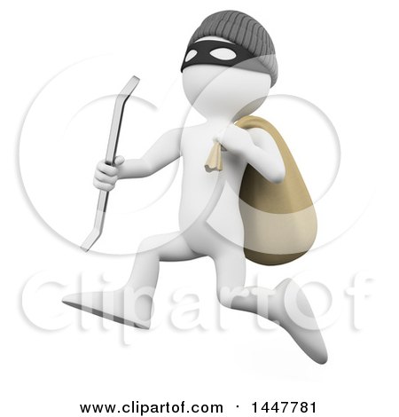 Clipart of a 3d White Man Robber Running with a Crow Bar and Bag, on a White Background - Royalty Free Illustration by Texelart