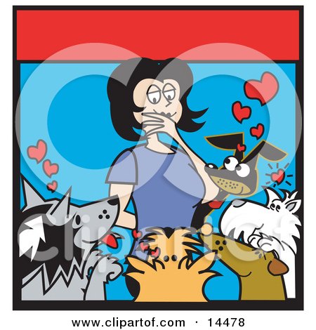 Woman Surrounded By Dogs In An Animal Shelter, Thinking Of Which One To Adopt Clipart Illustration by Andy Nortnik