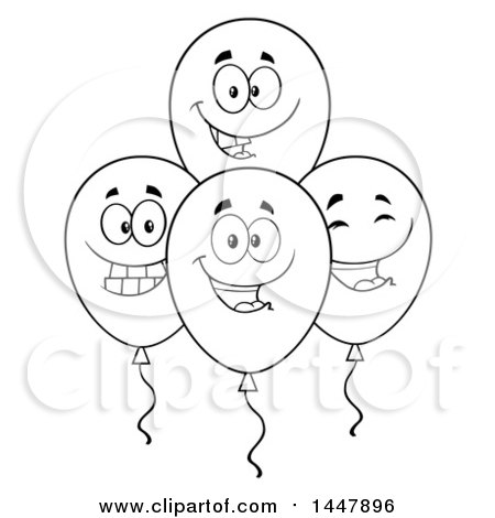 Clipart of a Cartoon Black and White Lineart Group of Happy Party Balloon Mascots - Royalty Free Vector Illustration by Hit Toon