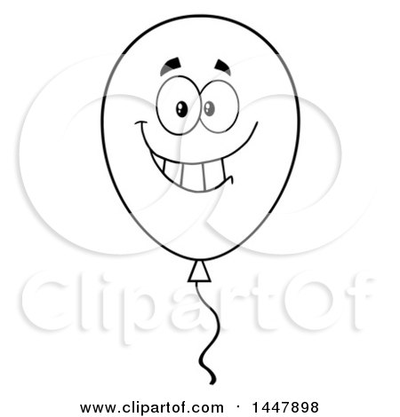 Clipart of a Cartoon Black and White Lineart Smiling Party Balloon Character - Royalty Free Vector Illustration by Hit Toon