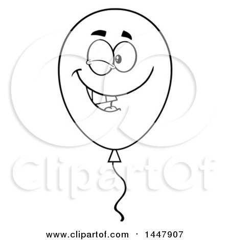 Clipart of a Cartoon Black and White Lineart Winking Party Balloon Character - Royalty Free Vector Illustration by Hit Toon