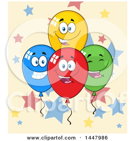 Clipart of a Cartoon Group of Happy Party Balloon Mascots over Stars - Royalty Free Vector Illustration by Hit Toon