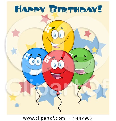 Clipart of a Cartoon Group of Party Balloon Mascots with Happy Birthday Text over Stars - Royalty Free Vector Illustration by Hit Toon