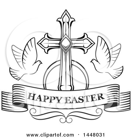 Clipart of a Black and White Cross with Doves and a Happy Easter Ribbon Banner - Royalty Free Vector Illustration by Vector Tradition SM