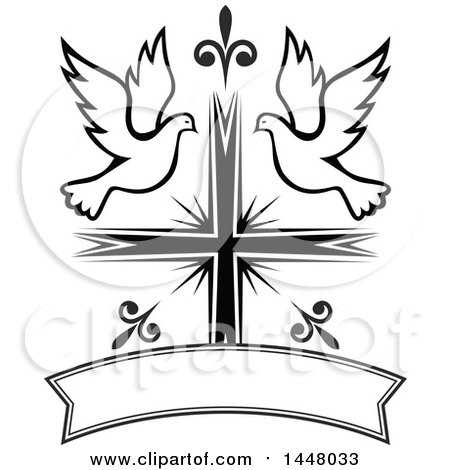 Clipart of a Black and White Easter Cross with Doves and a Blank Ribbon Banner - Royalty Free Vector Illustration by Vector Tradition SM