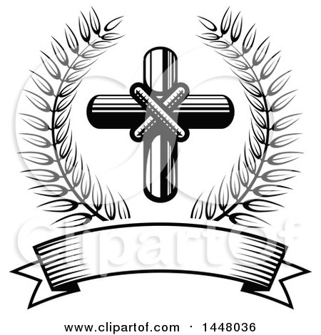Clipart of a Black and White Easter Cross in a Wreath over a Blank Ribbon Banner - Royalty Free Vector Illustration by Vector Tradition SM