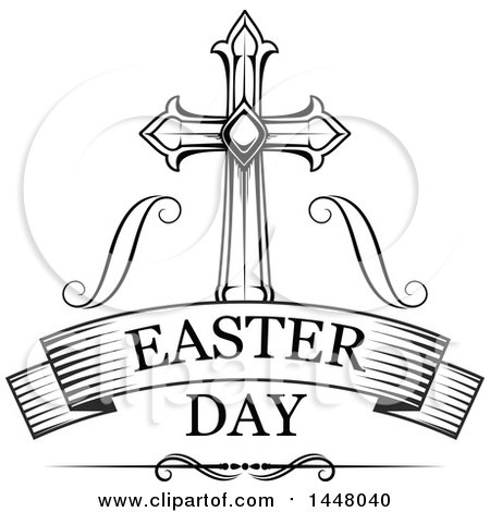 Clipart of a Black and White Ornate Cross over Easter Day Text in a Banner - Royalty Free Vector Illustration by Vector Tradition SM