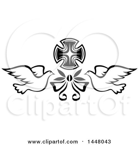 Clipart of a Black and White Easter Cross with Doves and a Bow - Royalty Free Vector Illustration by Vector Tradition SM