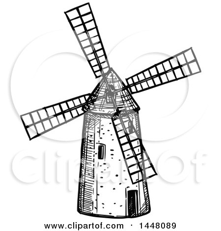 Clipart of a Black and White Sketched Windmill - Royalty Free Vector Illustration by Vector Tradition SM