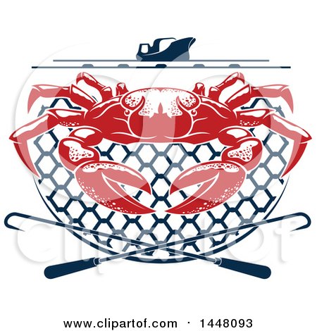 Clipart of a Red Crab on a Navy Blue Net, Under a Boat with Hooks - Royalty Free Vector Illustration by Vector Tradition SM