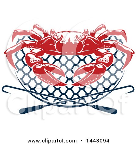 Clipart of a Red Crab on a Navy Blue Net with Hooks - Royalty Free Vector Illustration by Vector Tradition SM