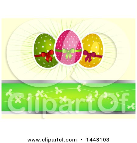 Clipart of Polka Dot Easter Eggs with Bows over Rays and a Green Banner - Royalty Free Vector Illustration by elaineitalia