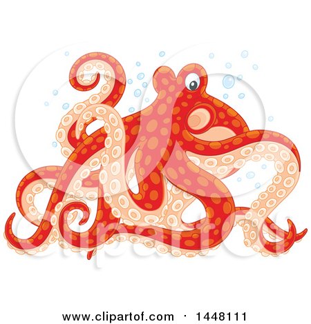 Clipart of a Red and Pastel Orange Octopus Walking on Its Tentacles - Royalty Free Vector Illustration by Alex Bannykh